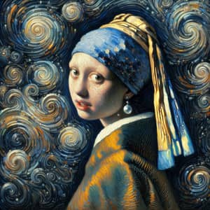 Girl with a Pearl Earring in the Style of The Starry Night