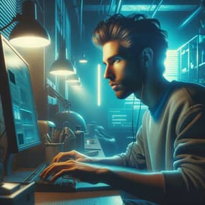 Focused Young Man in Cyberpunk Digital Art
