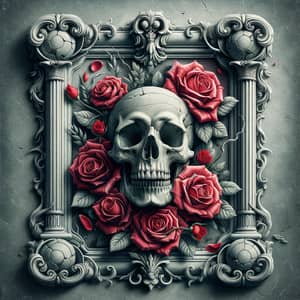 Stone Skull in Roman Portrait Frame with Red Roses