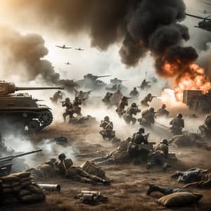 Dramatic World War II Battleground Scene with Soldiers and War Machinery