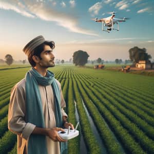 South Asian Man Controlling Drone in Vibrant Field