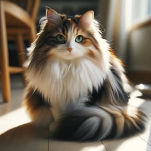 Fluffy Domestic Cat with Mesmerizing Green Eyes on Wooden Floor