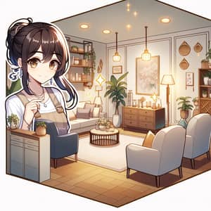 Diverse Asian Woman in Modern Traditional Room | Expressive Illustration