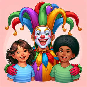 Colorful Jester Character with Diverse Children | Website Name