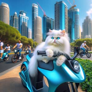 White Fluffy Persian Cat Enjoying an Eco-Friendly Ride in a Modern Electric Vehicle