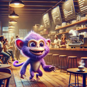 Animated Monkey with Purple Fur in Lively Coffee Shop