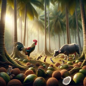 Majestic Rooster, Tiny Mouse, Buffalo Play in Coconut Forest