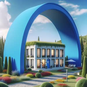 Vibrant Blue Arch Micro-Hotel Amidst Lush Foliage