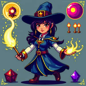 Detailed Sprite Sheet for Pixel Art-Style East Asian Female Magician Character