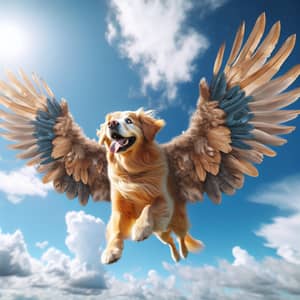Golden Retriever with Wings Soaring in a Dreamy Blue Sky