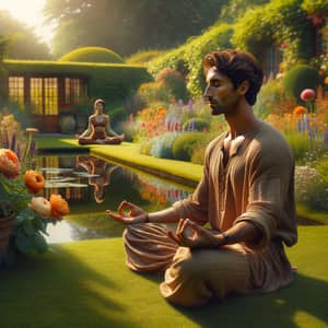 Peaceful Meditation in Lush Garden with Blooming Flowers