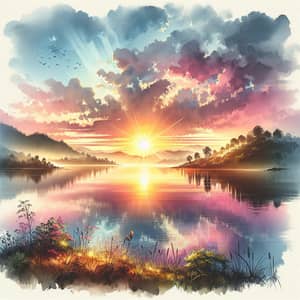 Tranquil Sunrise Over Lake Watercolor Art