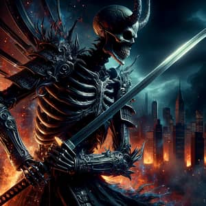 Black Samurai Skeleton Warrior - Dystopian Cityscape Scene