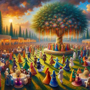 Outdoor Celebration Oil Painting | Vibrant Colors & Majestic Tree
