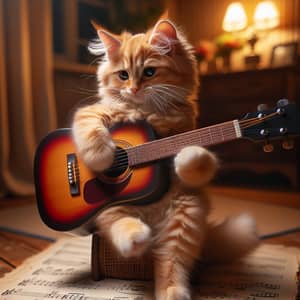 Adorable Cat Playing Acoustic Guitar - Musical Feline Delight
