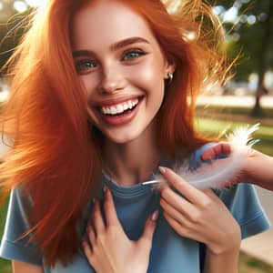 Joyous 21-Year-Old Redhead Woman Giggling Playfully | Outdoor Park