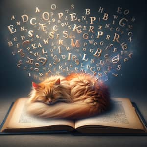 Serene Scene with Fluffy Cat and Flying Letters