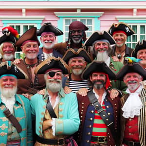 Diverse Adult Men in Pirate Costumes at Charming Pink House