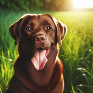Happy Brown Labrador Retriever Enjoying Sunshine in Green Field