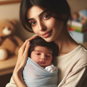 Middle-Eastern Mother Cradling Newborn Baby | Serene Nursery Scene
