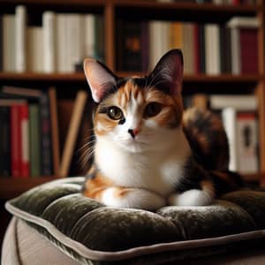 Calico Domestic Short-Haired Cat Relaxing on Velvet Cushion
