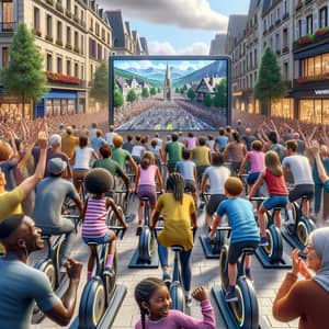 Virtual Family Bike Race Spectacle in City Square | Tour de France Scene