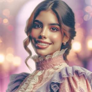 Young Hispanic Woman in Victorian-Style Dress | Romantic Fashion Portrait