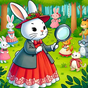Cartoon-Style White Rabbit in Red Dress with Magnifying Glass