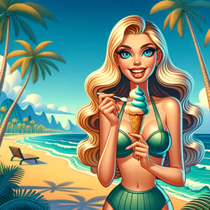 Vibrant Cartoon Scene with Sasha Enjoying Ice Cream | Seaside Panorama