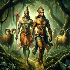 Divine Figures Ram and Brother in Lush Jungle - Spiritual Tranquility