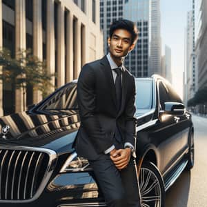 Luxury Car: South Asian Man in Business Suit Admires Black Car