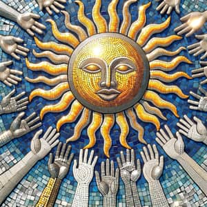 Bright Sun Mosaic Artwork with Hands Reaching for Brilliance