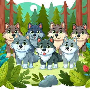 Cartoon-Style Wolves in Forest | Pack of Wolves