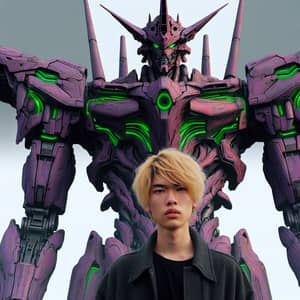 Asian Man with Blond Hair and Colossal Biomechanical Entity in Purple and Green