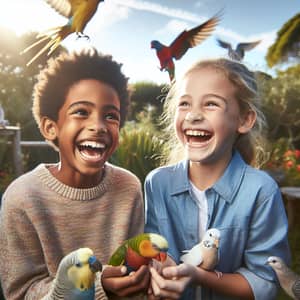 South African Young Boy and Girl Playing with Birds