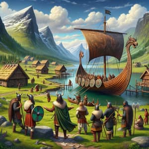 Viking Settlement with Diverse Characters in Idyllic Landscape