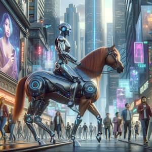 Futuristic Robot Riding Horse in Bustling Cityscape