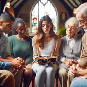 Diverse Bible Study Group in Quaint Church Prays Together