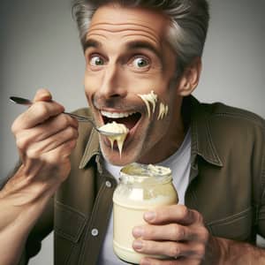 Middle-Aged Man Enjoying Whole Jar of Mayonnaise | Greedy Consumption
