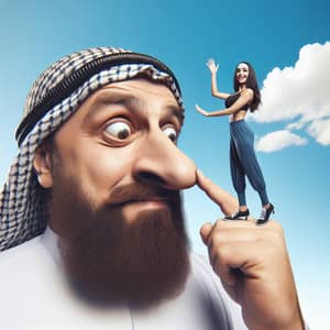 Colossal Middle-Eastern Man with a Tiny Hispanic Woman Balancing on His Nose