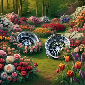 Number Eight Car Rims in Lush Garden | Elegant Floral Scene