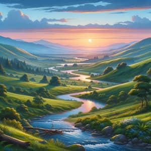 Realistic Landscape with Rolling Hills and Colorful Sunset