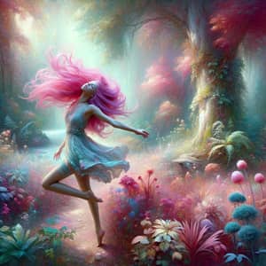 Vibrant Pink Hair Dancing in Enchanted Forest | Fairytale Scene
