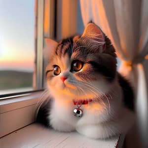 Sunlit Cat Sitting on Windowsill | Serene Pastel Sunset View