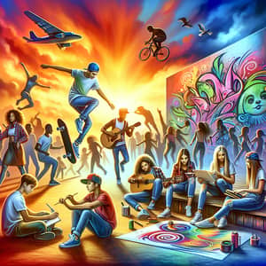 Youthful Diversity: Energetic Scenes of Skateboarding and Artistry