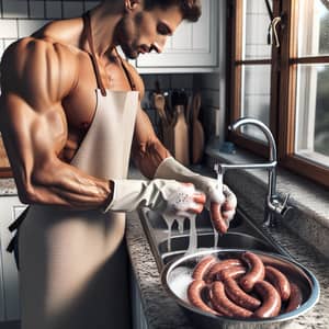 Muscular Man Washing Raw Sausages in Kitchen | Household Chores