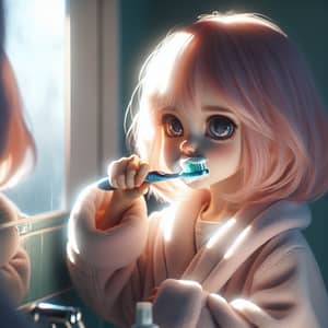 Young Girl with Pink Hair Brushing Teeth in Soft Morning Light