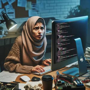 Middle-Eastern Female Programmer Troubleshooting Complex Coding Problem