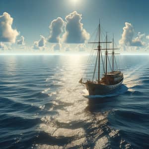 Sailboat Gliding in Expansive Ocean with Glistening Sunlight