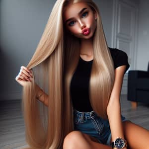 Caucasian Teenager Girl with Rapunzel-like Blonde Hair in Indoor Room